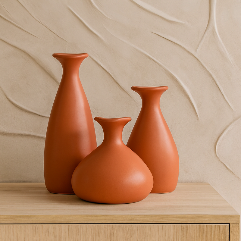 Trio de Vasos Garrafa de Cerâmica Decorativos