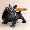 Escultura Decorativa de Cachorro Bulldog com Bandeja e Porta-Treco