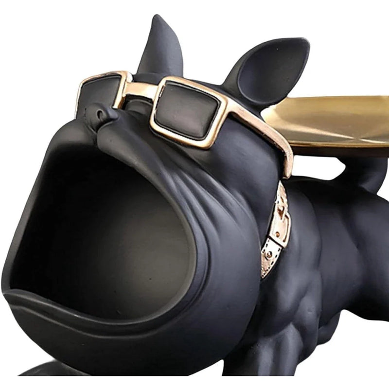 Escultura Decorativa de Cachorro Bulldog com Bandeja e Porta-Treco