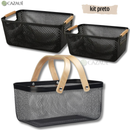 Kit Cesto Organizador Multiuso com Alça de Bambu - 3 peças