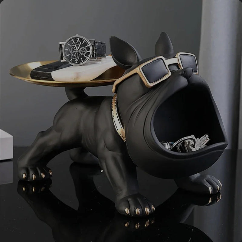 Escultura Decorativa de Cachorro Bulldog com Bandeja e Porta-Treco