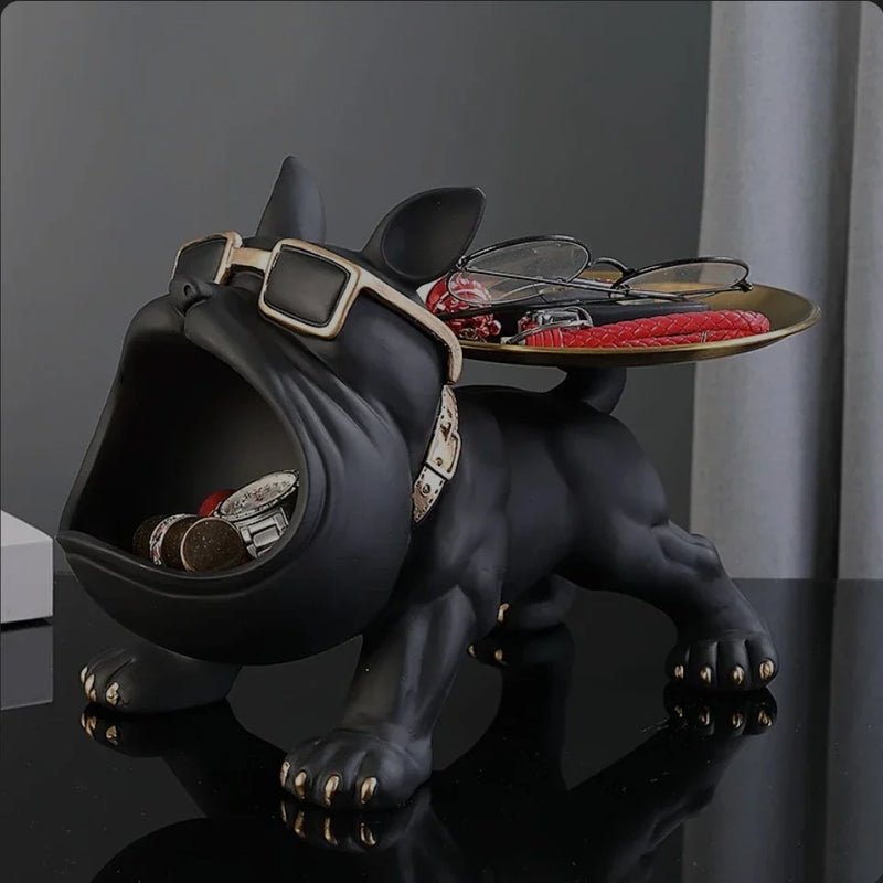Escultura Decorativa de Cachorro Bulldog com Bandeja e Porta-Treco